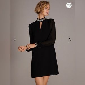 Mock Neck Chiffon Mini Tunic Dress With Rhinestone Trim  - Black  / Smal